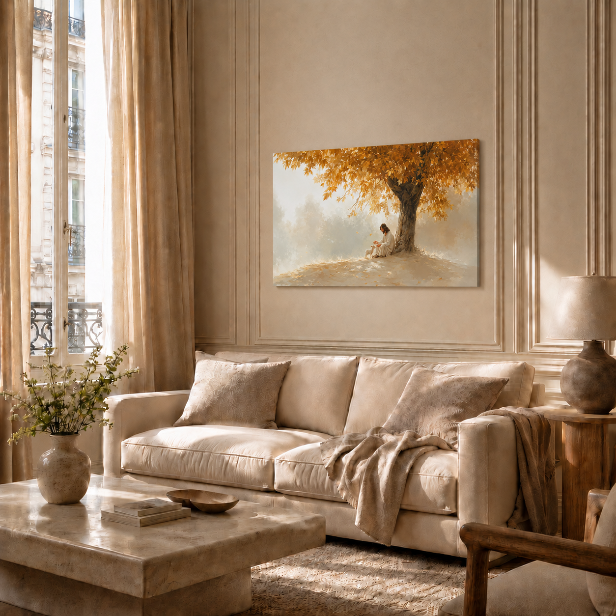 Jesus Under Autumn Tree Wall Art, Christian Peaceful Faith Poster/Canvas
