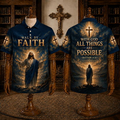 Navy Walk By Faith Christian Jesus Polo Shirt – Matthew 19:26 Religious Polo