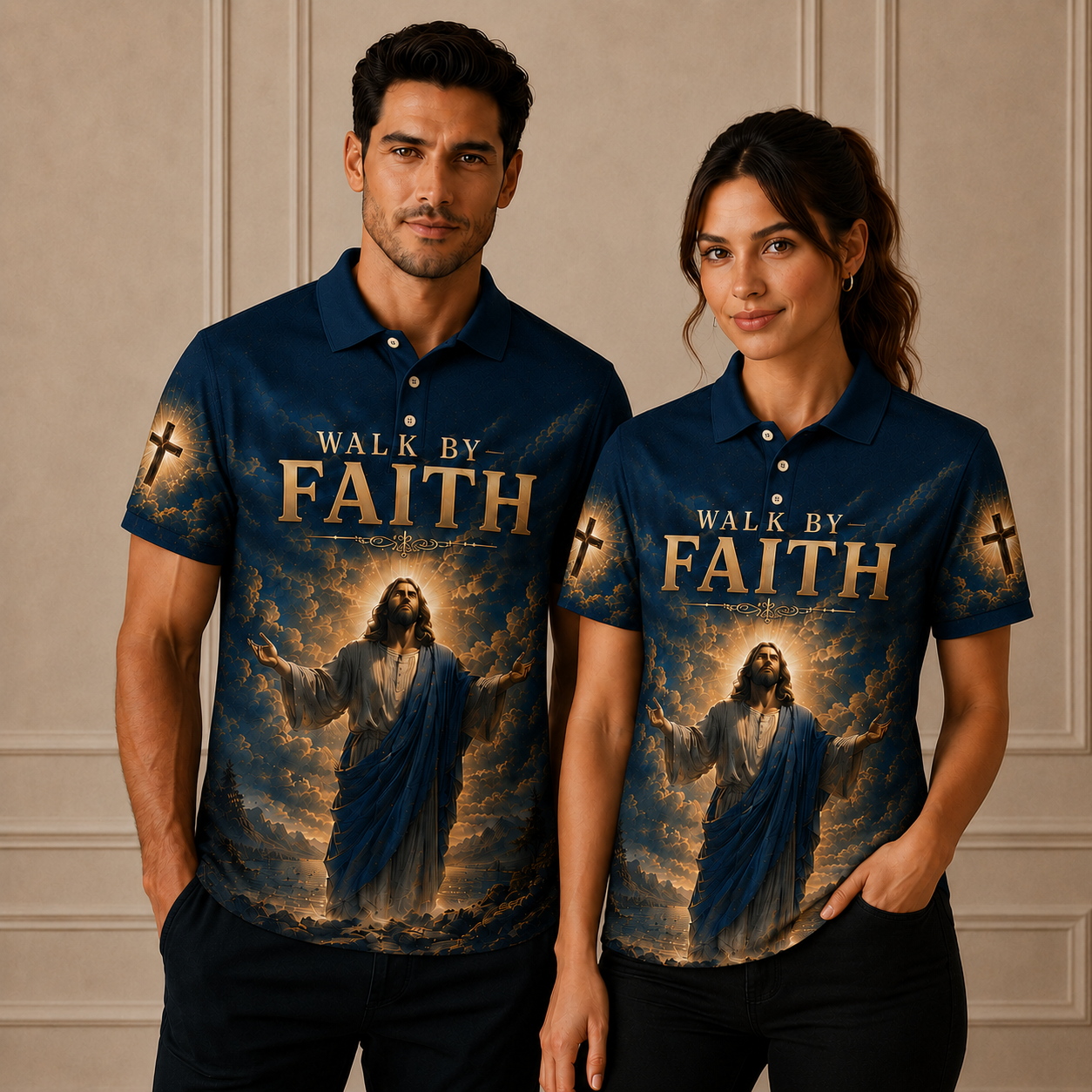 Navy Walk By Faith Christian Jesus Polo Shirt – Matthew 19:26 Religious Polo