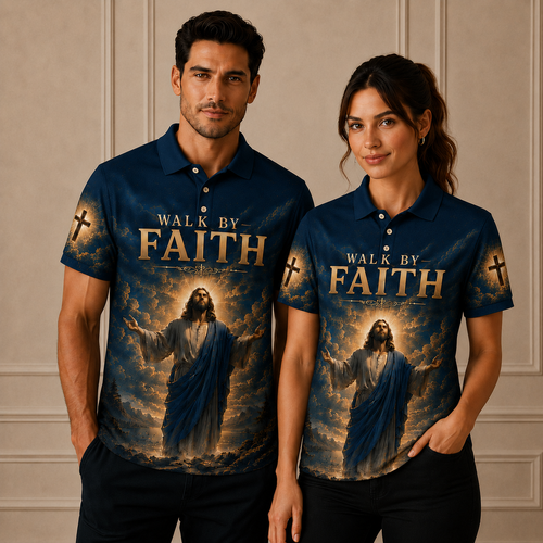 Navy Walk By Faith Christian Jesus Polo Shirt – Matthew 19:26 Religious Polo