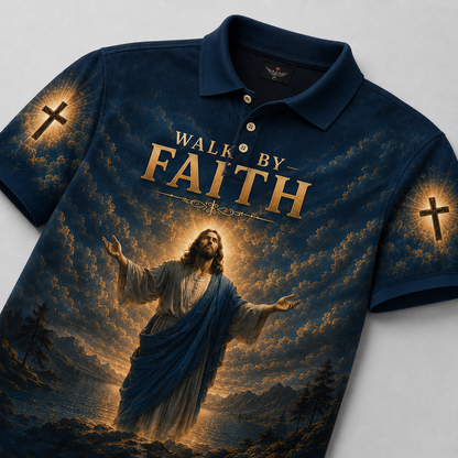 Navy Walk By Faith Christian Jesus Polo Shirt – Matthew 19:26 Religious Polo