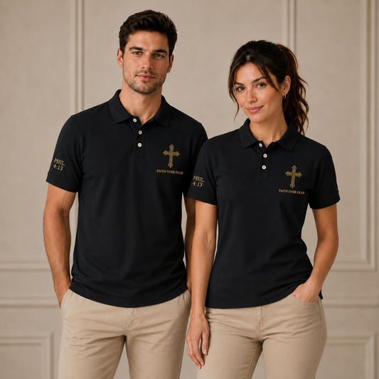 Black Faith Over Fear Christian Cross Polo Shirt – Philippians 4:13 Religious Polo