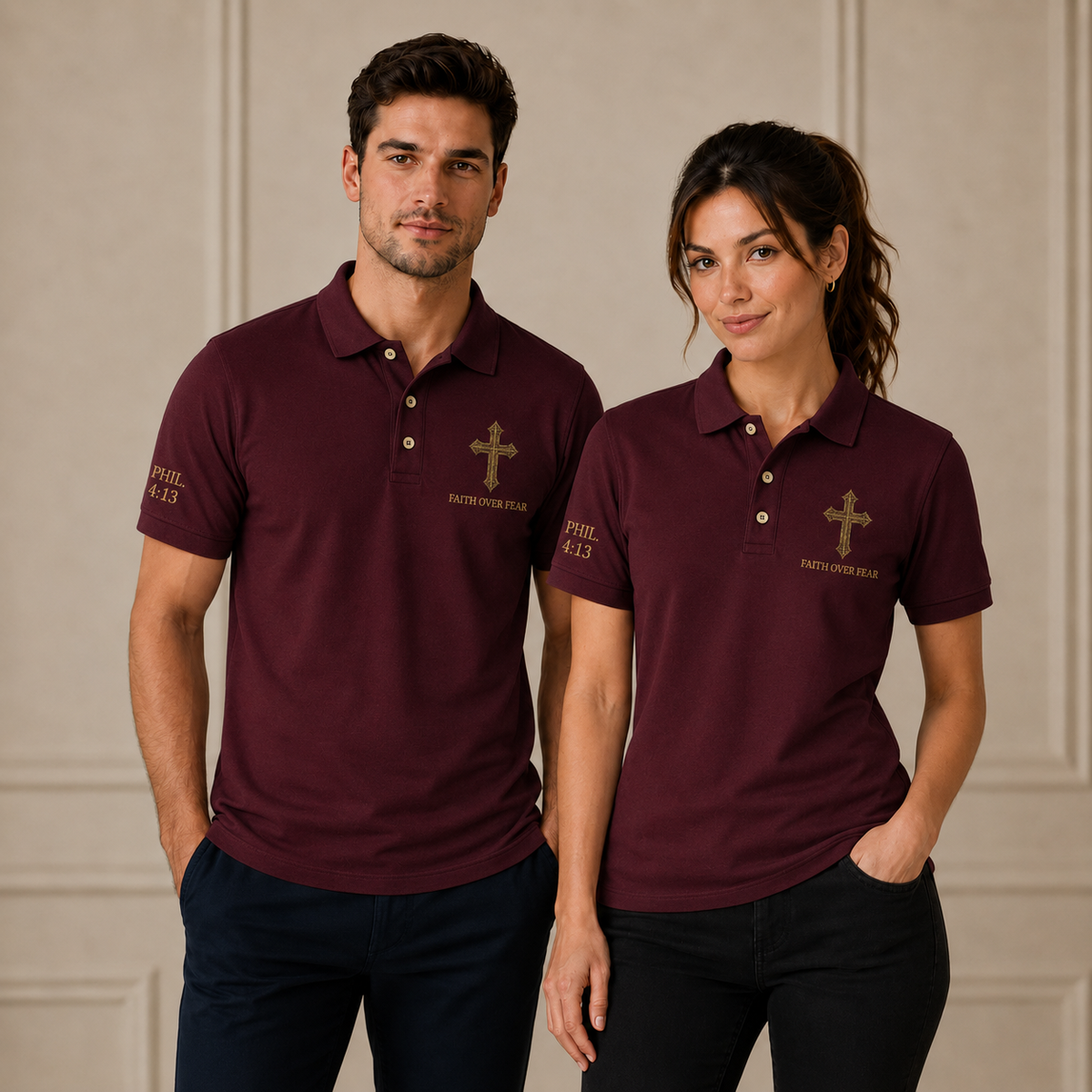 Red Faith Over Fear Christian Cross Polo Shirt – Philippians 4:13 Religious Polo