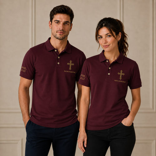 Red Faith Over Fear Christian Cross Polo Shirt – Philippians 4:13 Religious Polo
