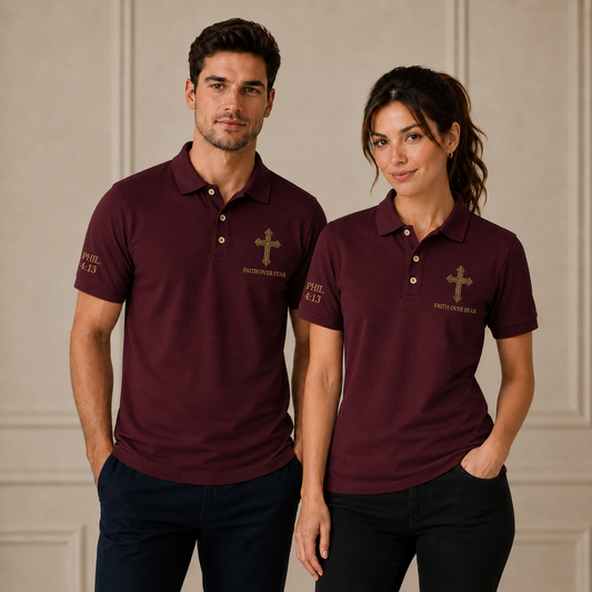 Red Faith Over Fear Christian Cross Polo Shirt – Philippians 4:13 Religious Polo