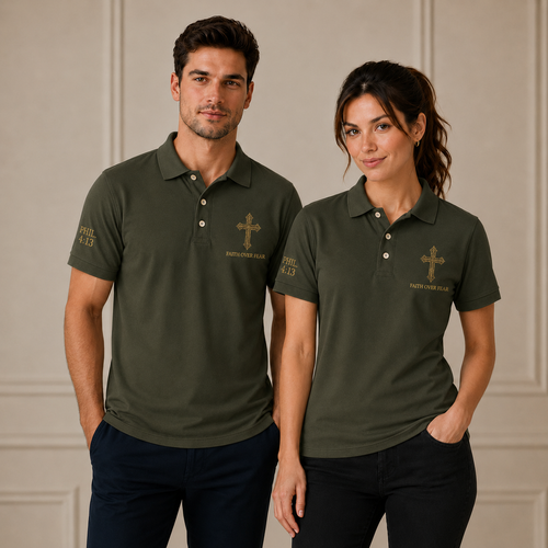 Green Faith Over Fear Christian Cross Polo Shirt – Philippians 4:13 Religious Polo