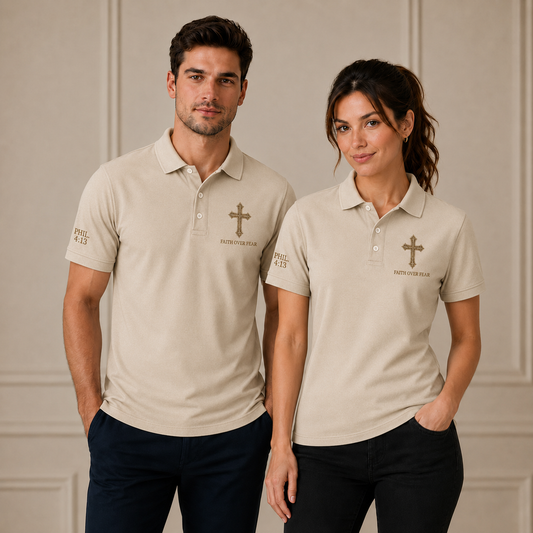 Beige Faith Over Fear Christian Cross Polo Shirt – Philippians 4:13 Religious Polo