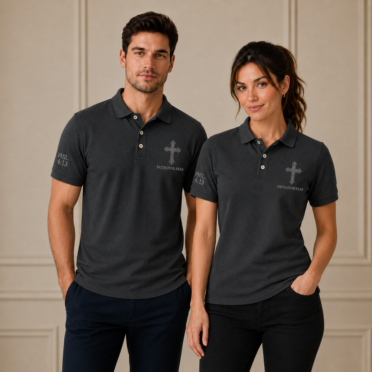 Grey Faith Over Fear Christian Cross Polo Shirt – Philippians 4:13 Religious Polo