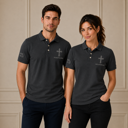Grey Faith Over Fear Christian Cross Polo Shirt – Philippians 4:13 Religious Polo