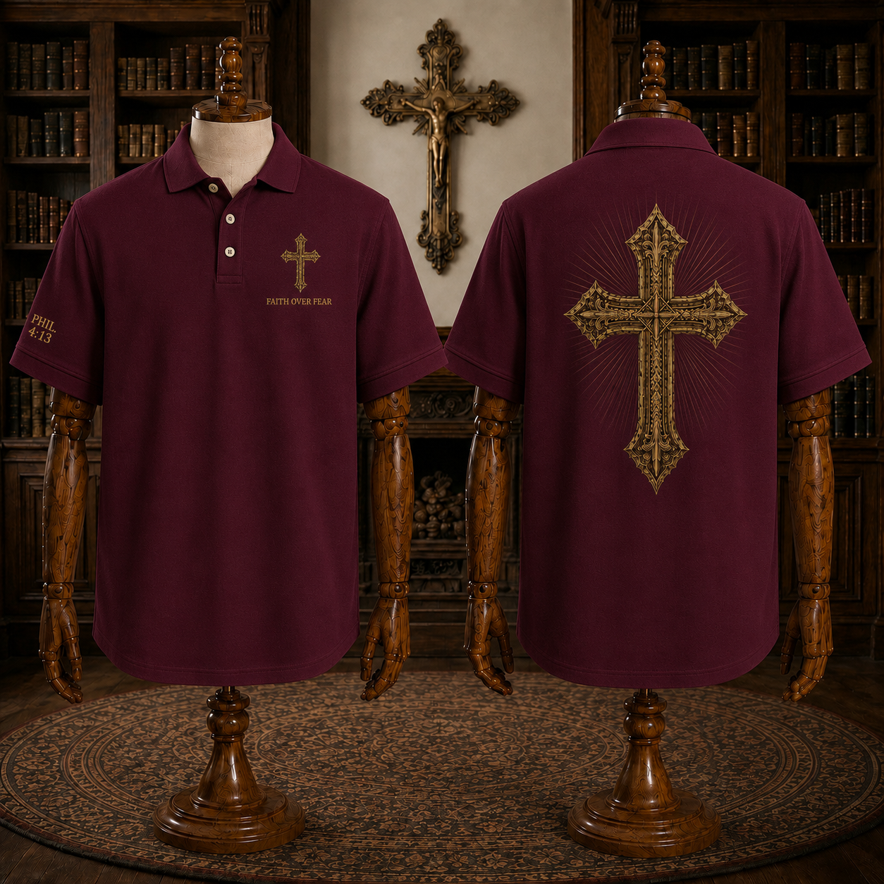Black Faith Over Fear Christian Cross Polo Shirt – Philippians 4:13 Religious Polo