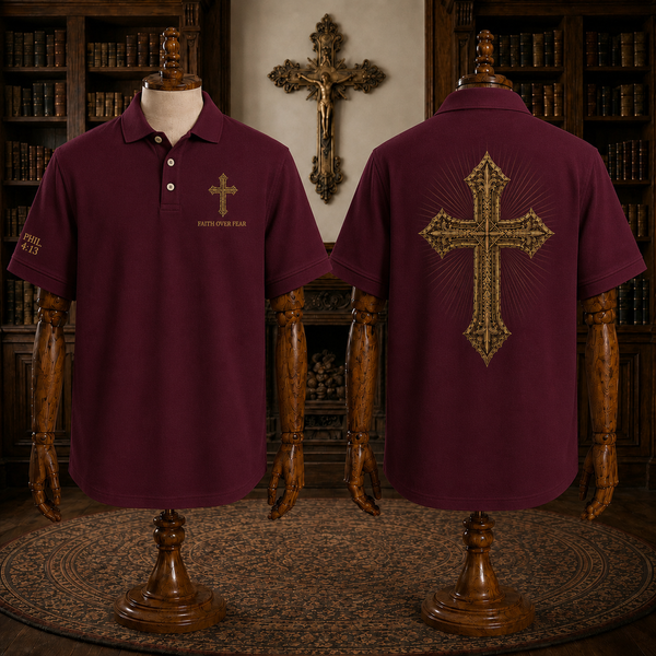 Red Faith Over Fear Christian Cross Polo Shirt – Philippians 4:13 Religious Polo