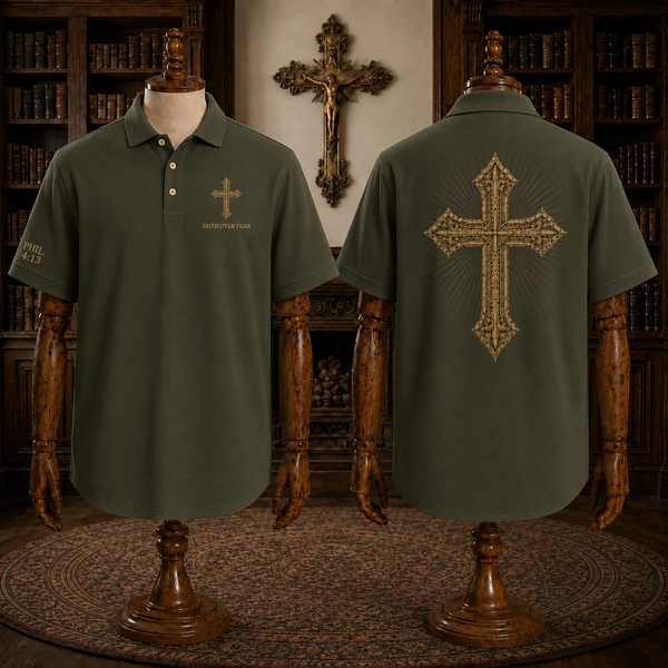 Green Faith Over Fear Christian Cross Polo Shirt – Philippians 4:13 Religious Polo