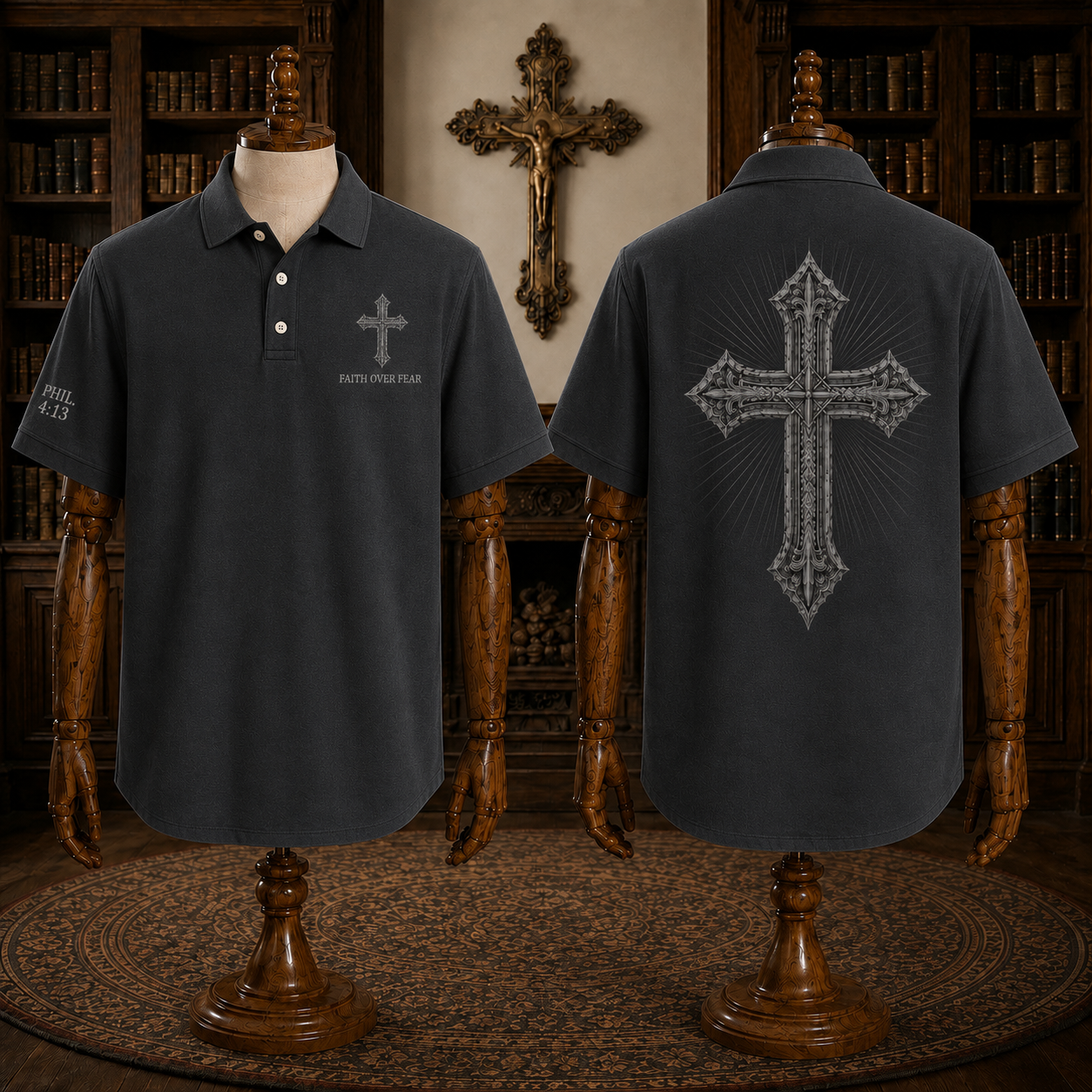 Black Faith Over Fear Christian Cross Polo Shirt – Philippians 4:13 Religious Polo