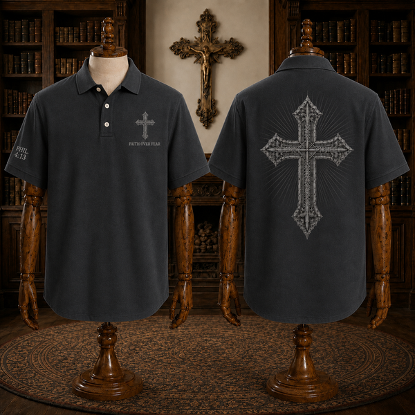 Grey Faith Over Fear Christian Cross Polo Shirt – Philippians 4:13 Religious Polo