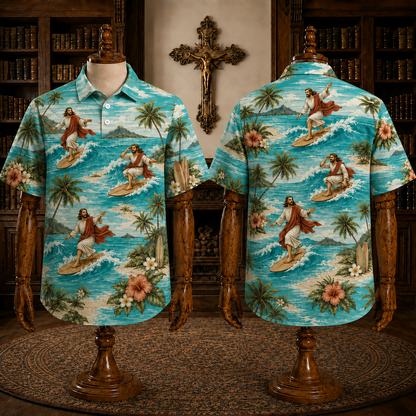Turquoise Tropical Surfing Jesus Christian Hawaiian Polo Shirt – Surfer Jesus Beach Graphic Polo