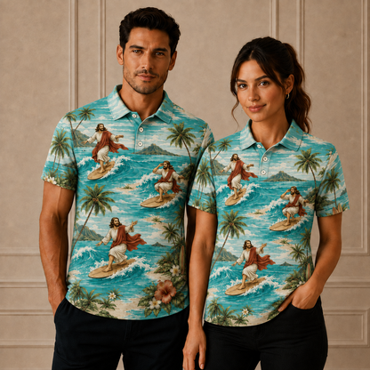 Turquoise Tropical Surfing Jesus Christian Hawaiian Polo Shirt – Surfer Jesus Beach Graphic Polo