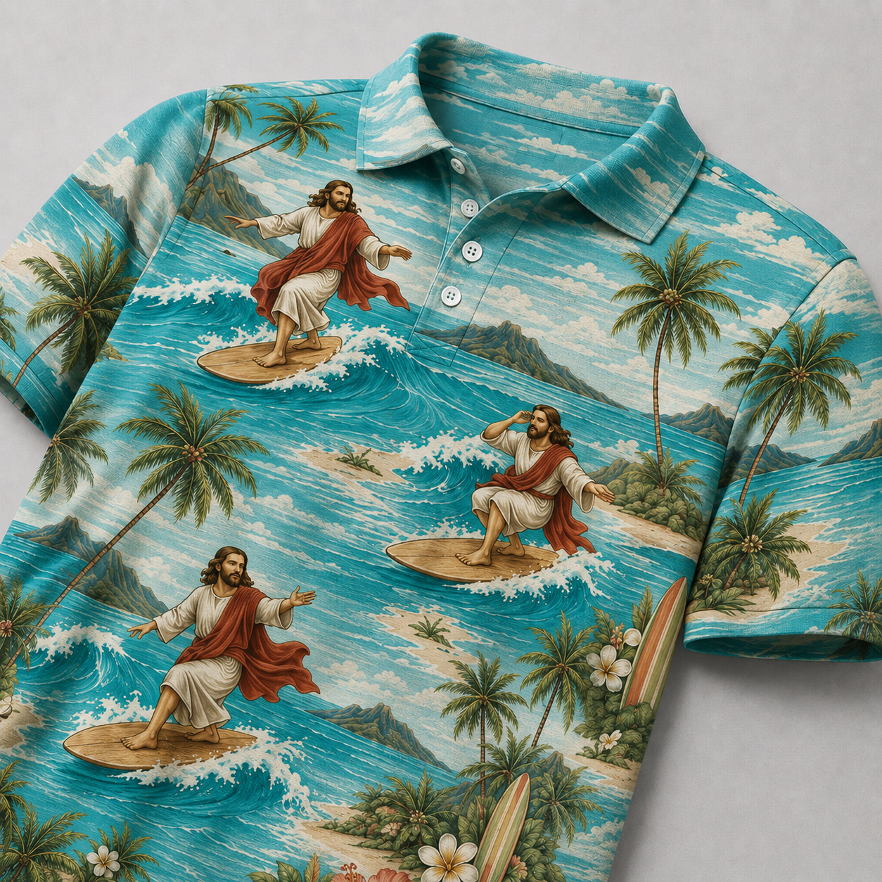 Turquoise Tropical Surfing Jesus Christian Hawaiian Polo Shirt – Surfer Jesus Beach Graphic Polo