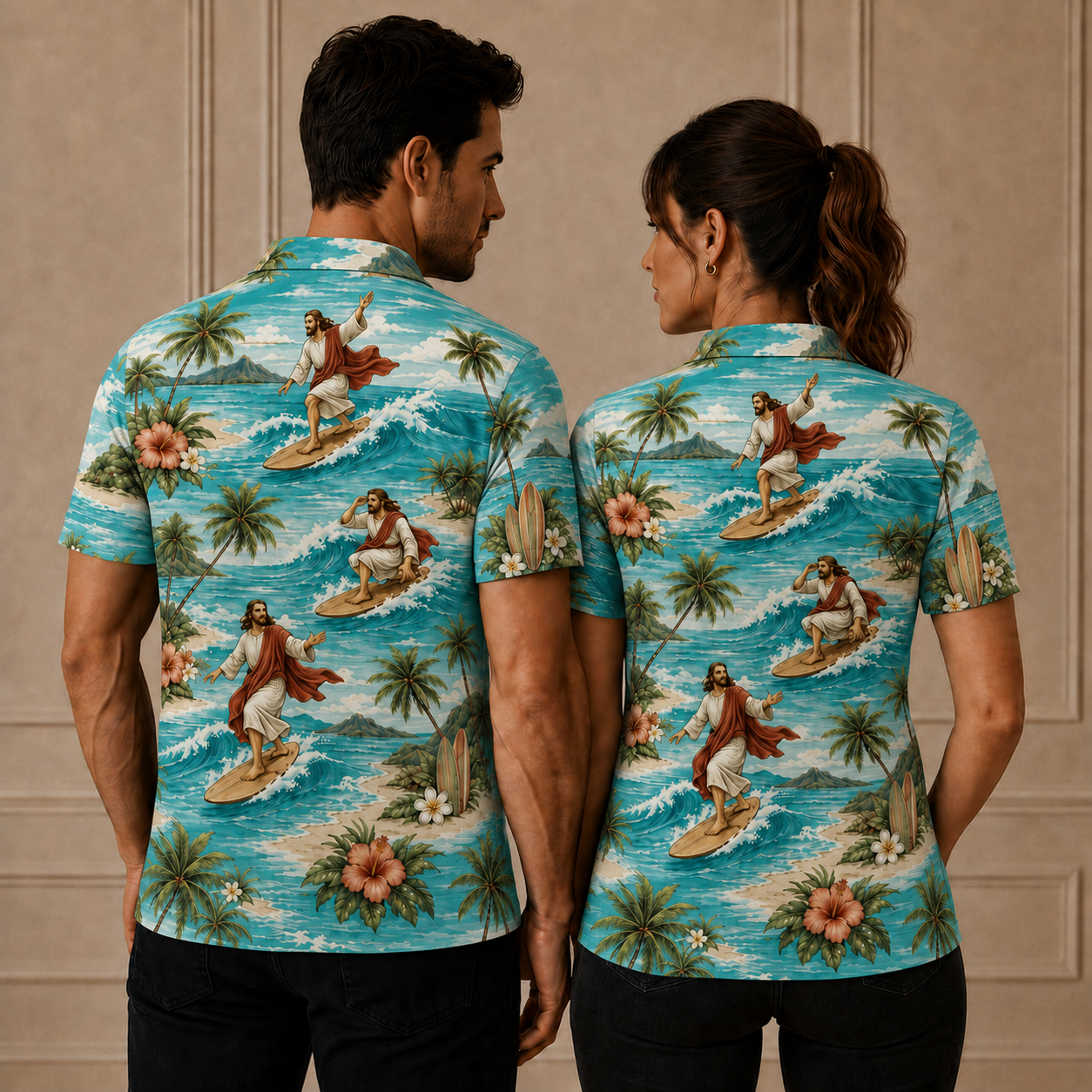 Turquoise Tropical Surfing Jesus Christian Hawaiian Polo Shirt – Surfer Jesus Beach Graphic Polo