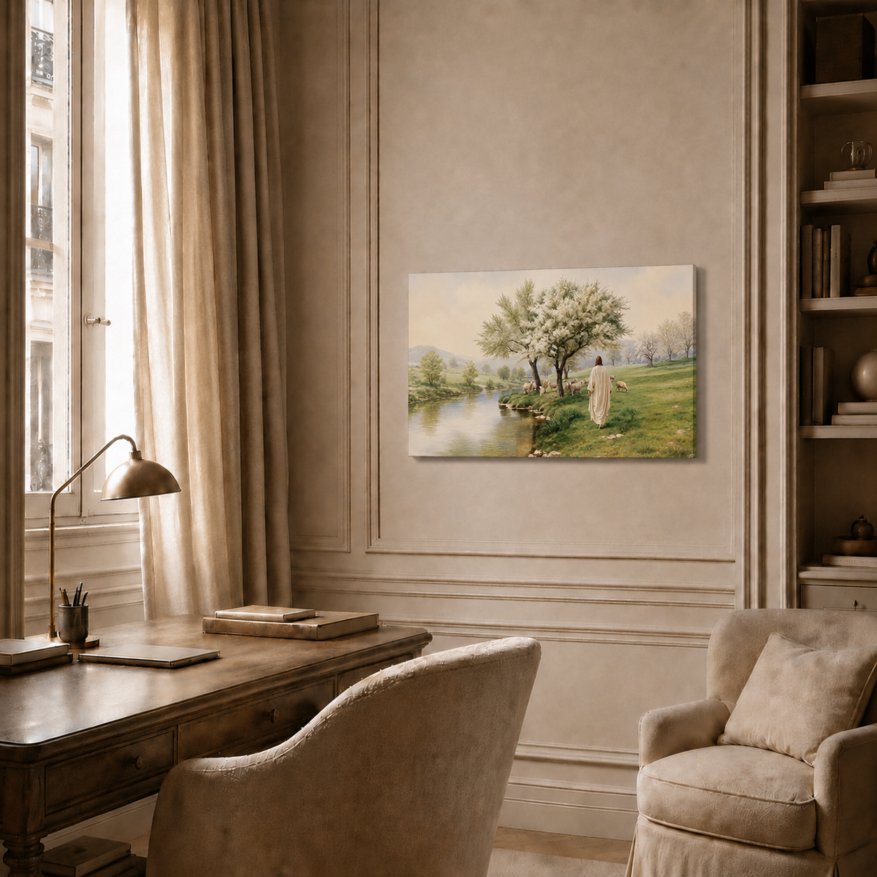 Jesus Walking With Sheep In Peaceful Meadow Christian Wall Art Poster/Canvas
