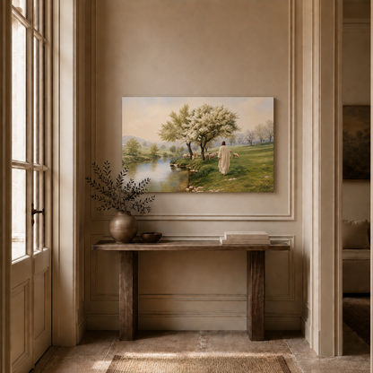 Jesus Walking With Sheep In Peaceful Meadow Christian Wall Art Poster/Canvas