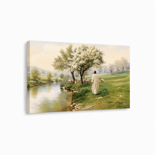 Jesus Walking With Sheep In Peaceful Meadow Christian Wall Art Poster/Canvas