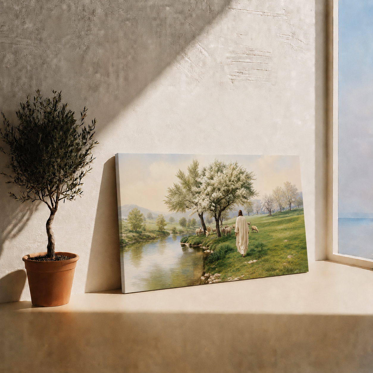 Jesus Walking With Sheep In Peaceful Meadow Christian Wall Art Poster/Canvas