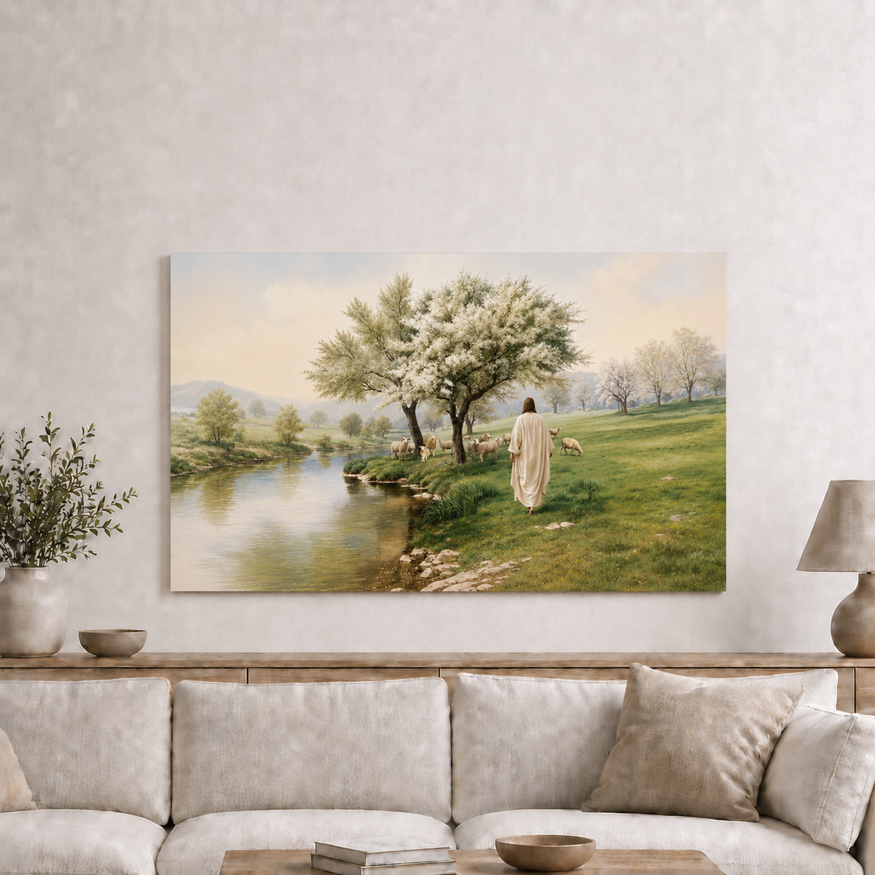 Jesus Walking With Sheep In Peaceful Meadow Christian Wall Art Poster/Canvas