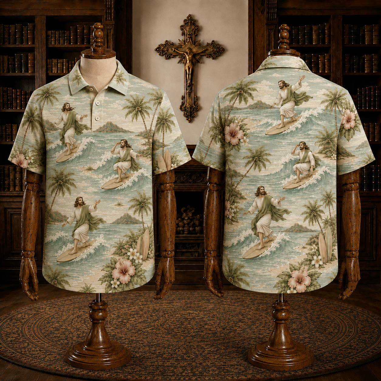 Sage Green Surfing Jesus Christian Hawaiian Polo Shirt – Tropical Surfer Beach Graphic Polo
