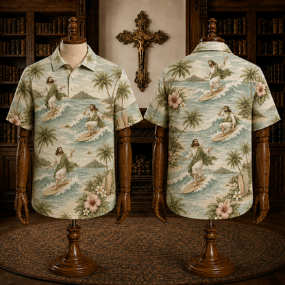 Sage Green Surfing Jesus Christian Hawaiian Polo Shirt – Tropical Surfer Beach Graphic Polo
