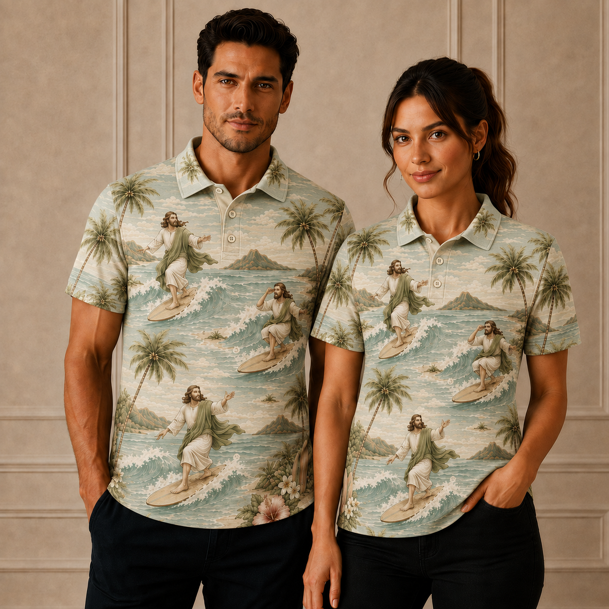 Sage Green Surfing Jesus Christian Hawaiian Polo Shirt – Tropical Surfer Beach Graphic Polo
