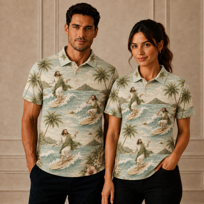 Sage Green Surfing Jesus Christian Hawaiian Polo Shirt – Tropical Surfer Beach Graphic Polo