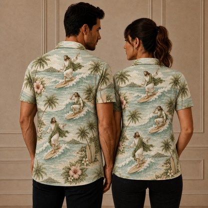 Sage Green Surfing Jesus Christian Hawaiian Polo Shirt – Tropical Surfer Beach Graphic Polo