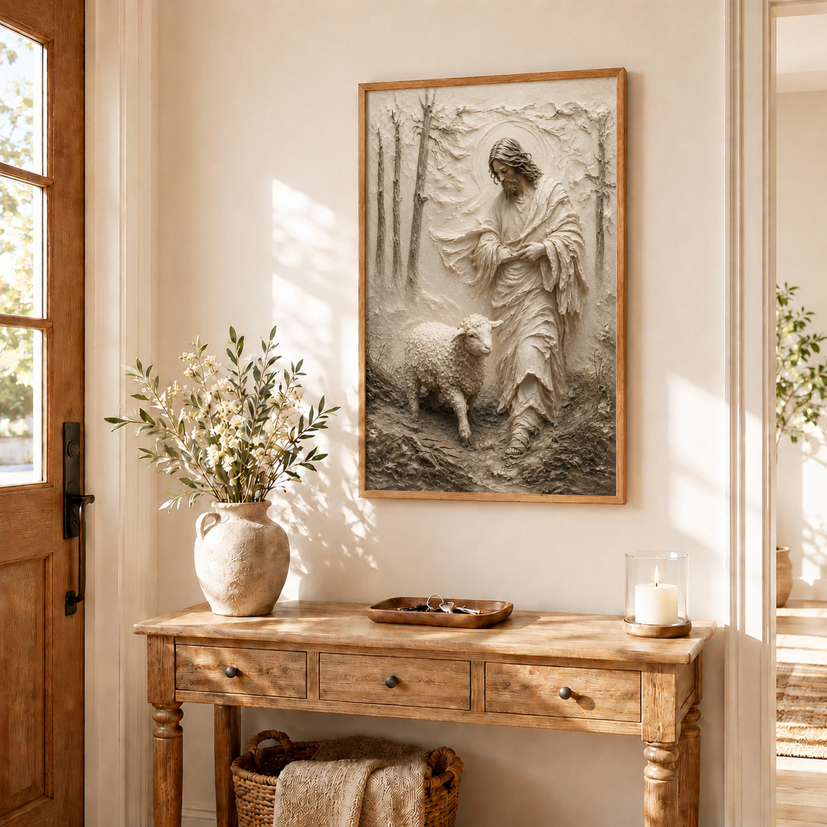 Jesus Good Shepherd With Lambs Wall Art, Christian Religious Faith Canvas