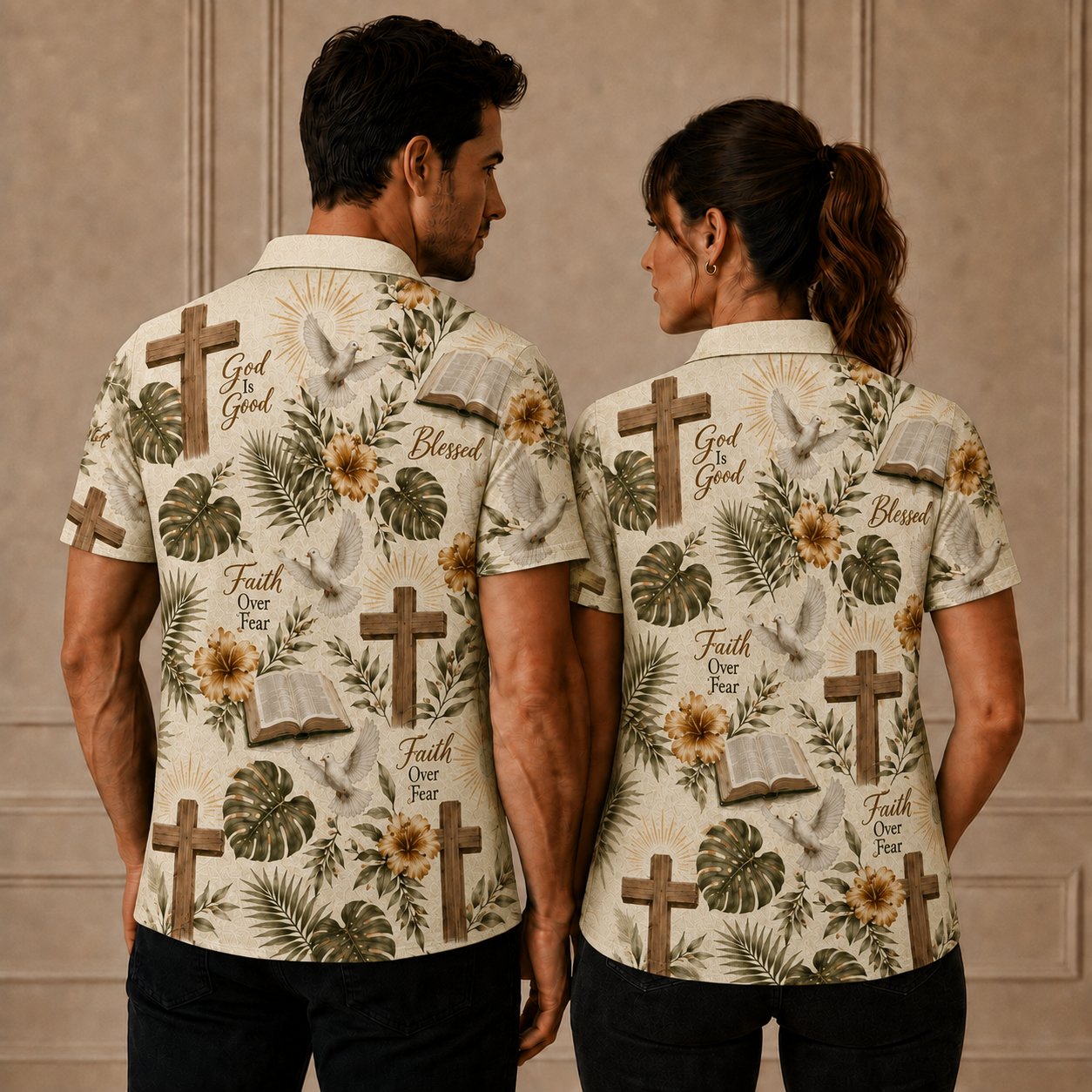 Faith Over Fear Christian Hawaiian Shirt, Cross Bible Tropical Floral Button Down Shirt