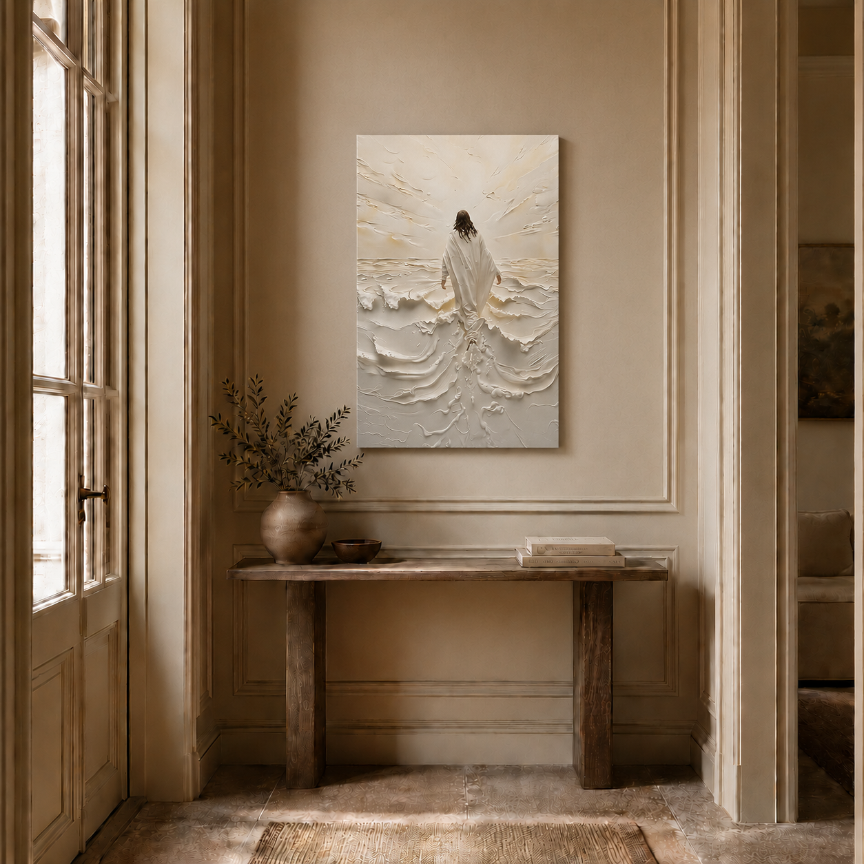 Jesus Walking Through White Waves Wall Art, Christian Faith Poster/Canvas
