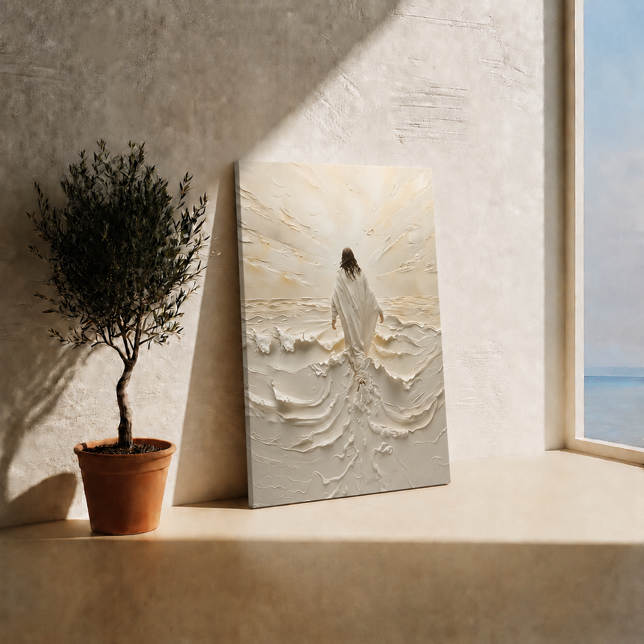 Jesus Walking Through White Waves Wall Art, Christian Faith Canvas