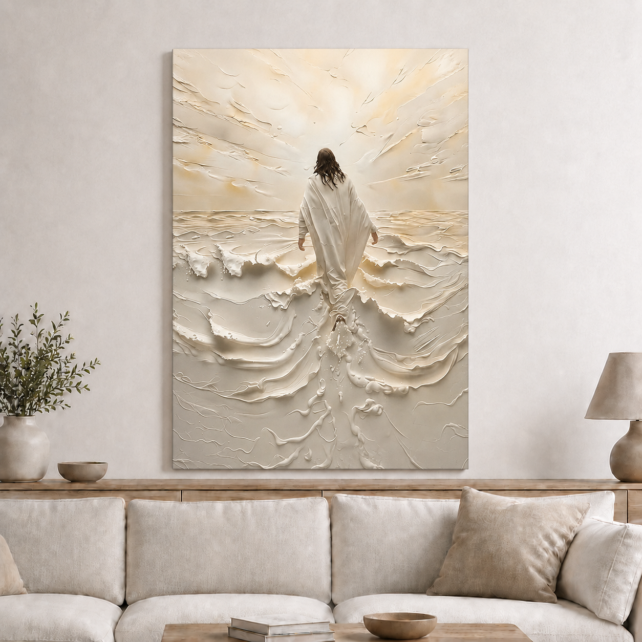 Jesus Walking Through White Waves Wall Art, Christian Faith Canvas