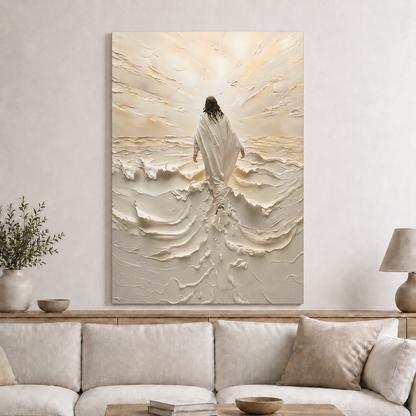 Jesus Walking Through White Waves Wall Art, Christian Faith Canvas