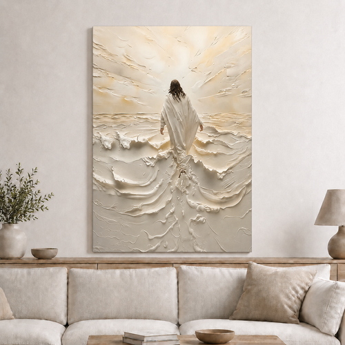 Jesus Walking Through White Waves Wall Art, Christian Faith Canvas