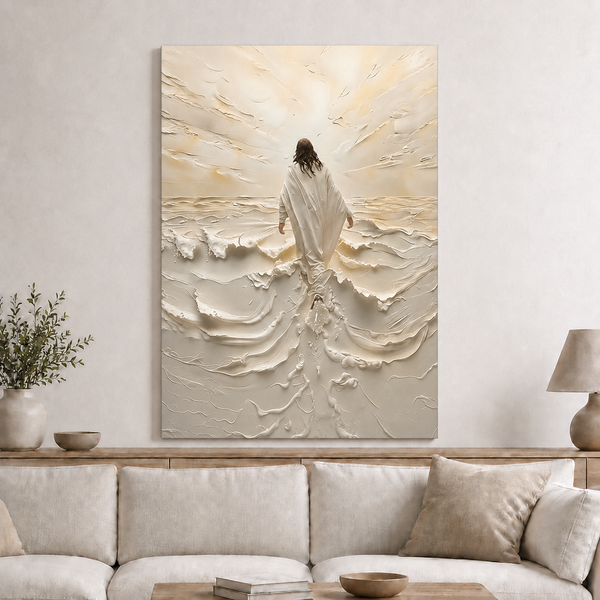 Jesus Walking Through White Waves Wall Art, Christian Faith Canvas