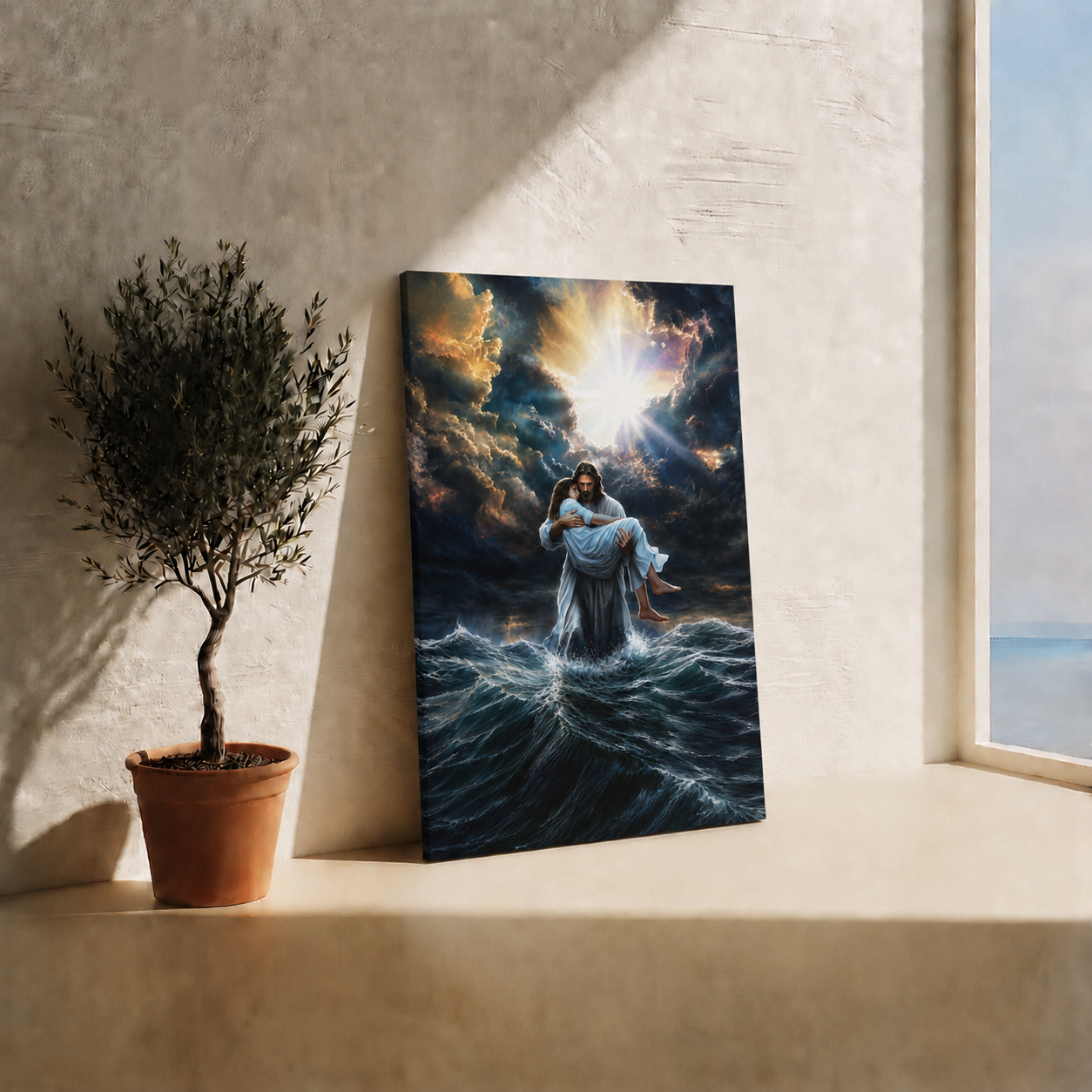 Jesus Calms the Storm Rescue Painting Poster Canvas, Christian Faith Wall Art