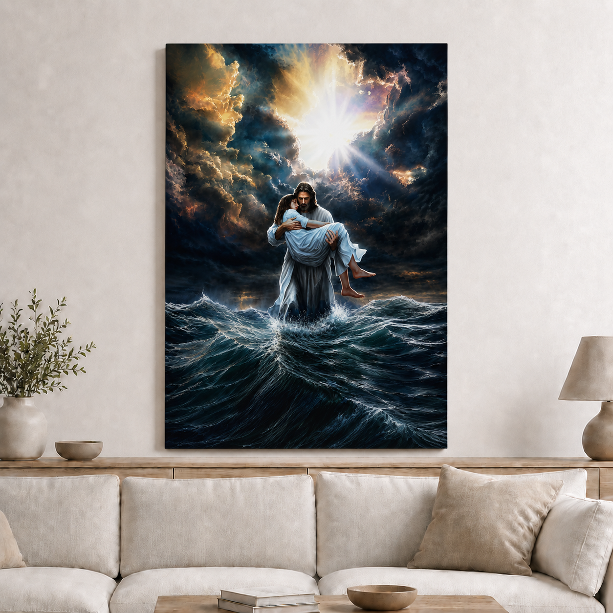 Jesus Calms the Storm Rescue Painting Poster Canvas, Christian Faith Wall Art