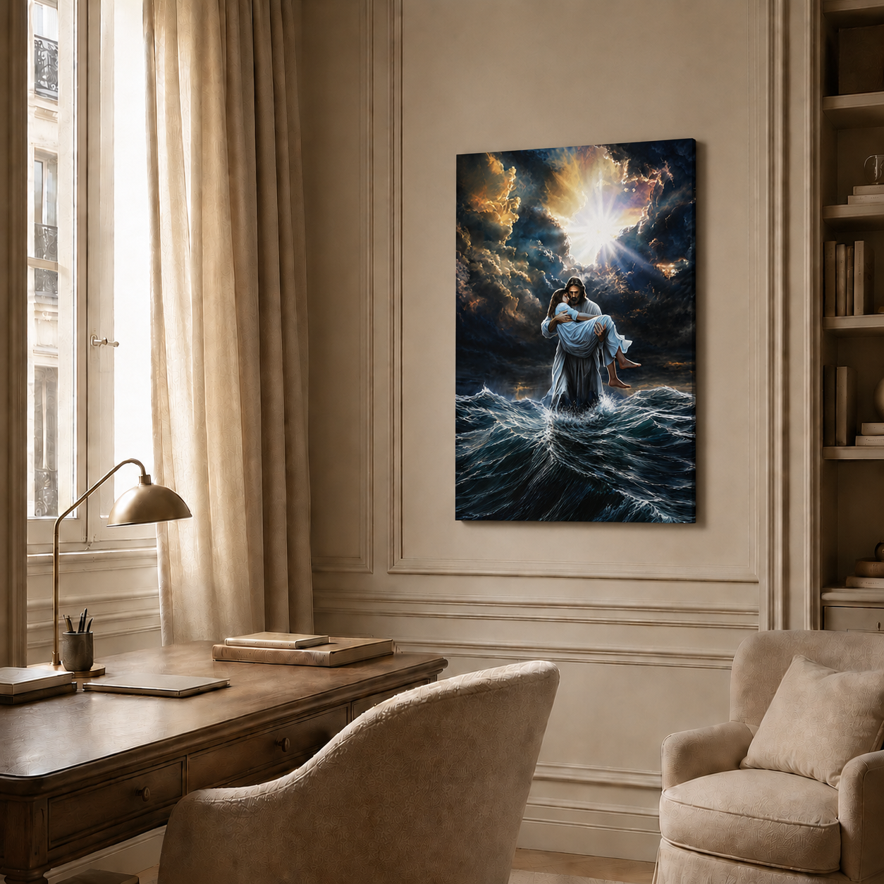 Jesus Calms the Storm Rescue Painting Poster Canvas, Christian Faith Wall Art