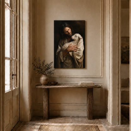 Jesus Holding Lamb Wall Art, Good Shepherd Christian Religious Poster/Canvas