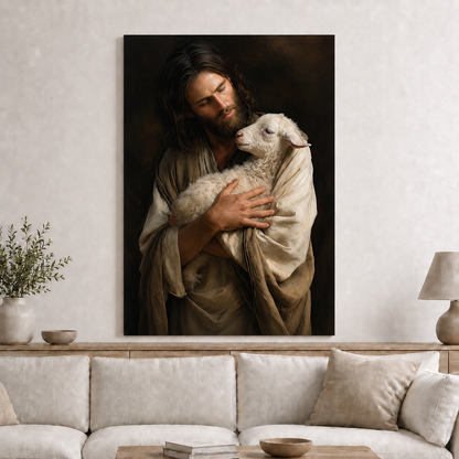 Jesus Holding Lamb Wall Art, Good Shepherd Christian Religious Canvas