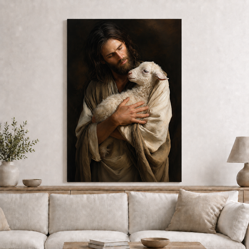 Jesus Holding Lamb Wall Art, Good Shepherd Christian Religious Canvas