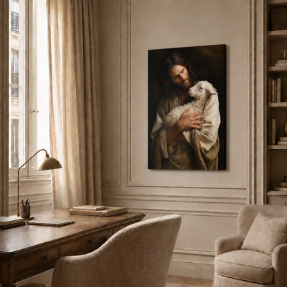 Jesus Holding Lamb Wall Art, Good Shepherd Christian Religious Poster/Canvas