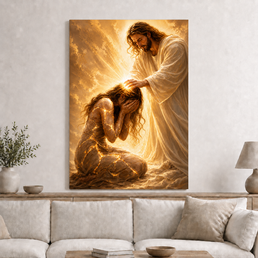 Jesus Healing Broken Woman Wall Art, Christian Faith Restoration Canvas