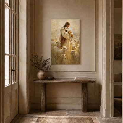 Jesus Good Shepherd With Lambs Wall Art, Christian Religious Faith Poster/Canvas