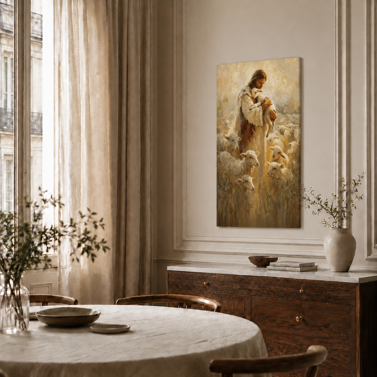 Jesus Good Shepherd With Lambs Wall Art, Christian Religious Faith Poster/Canvas